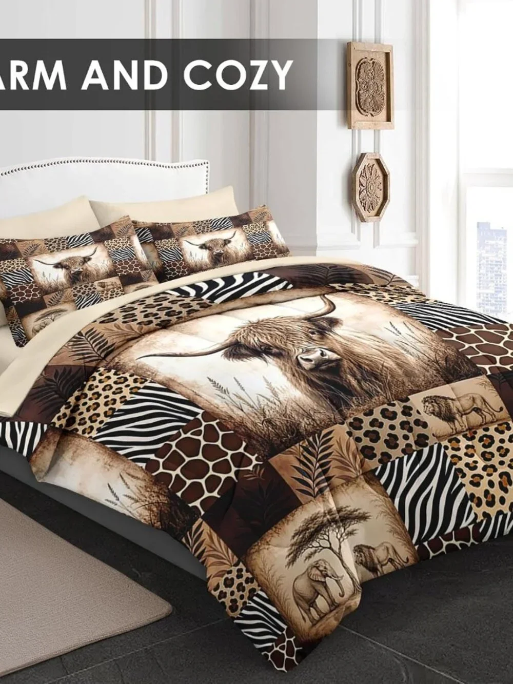 Full Size Comforter Set with 2 Pillowcases & 2 Shams, Highland Cow Leopard 7 Pcs